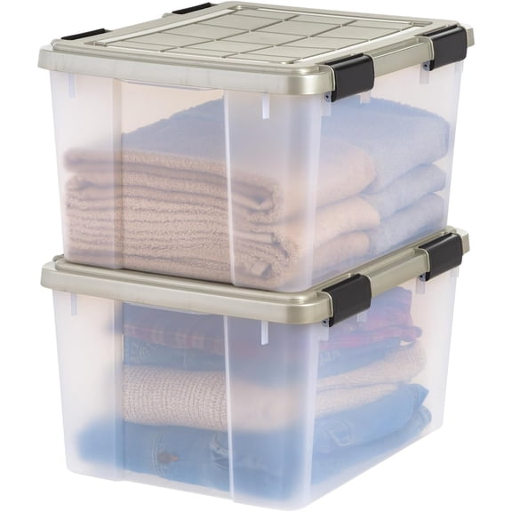 IRIS 44 Qt Storage Bins with Gasket Seal Lid, Clear/Chrome, 2Pk