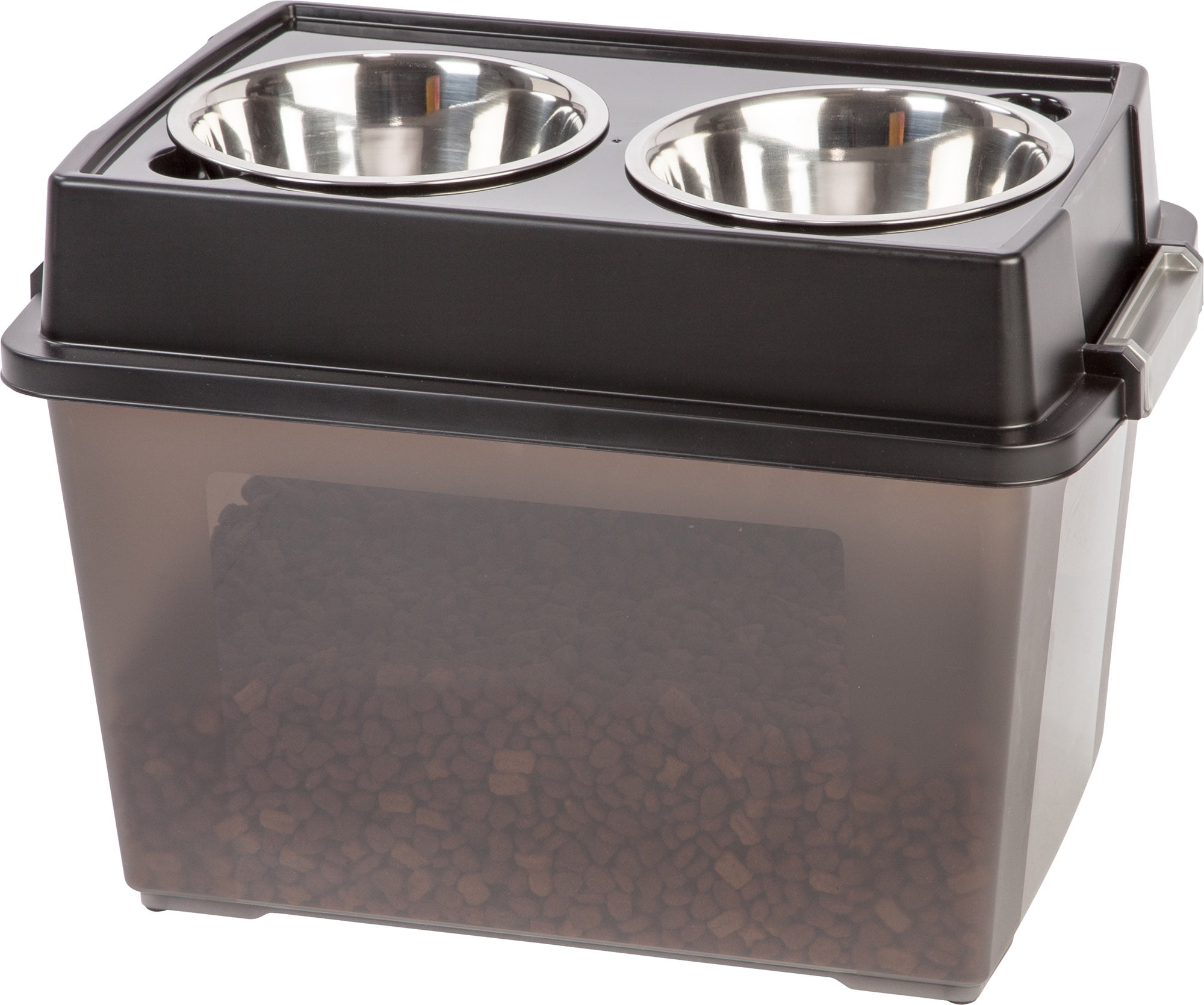 IRIS USA 47 Lbs./45 Qt (15"H) Large Elevated Feeder with Airtight Pet Food Storage Container, Dry Food Bin with Removable Dog Bowls in Lid, At Home or Camping Pet Food Container, Smoke/Black