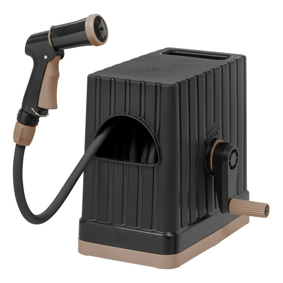 IRIS 49 ft. All-In-One Retractable Hose Reel with Garden Hose, Nozzle, and Hose Connector, 5 Spray Pattern Hose Nozzle, Portable Retractable Garden Hose Reel Storage Box for Outside Use, Black