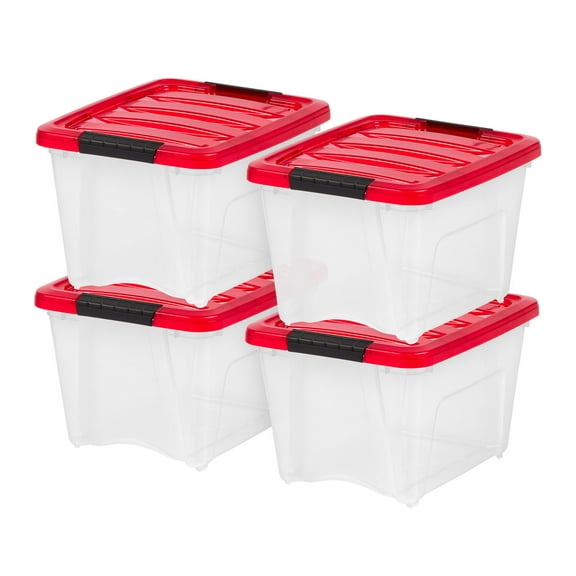 IRIS USA 4Pack 19qt Christmas Plastic Storage Bin with Lid and Secure Latching Buckles, Clear/Red
