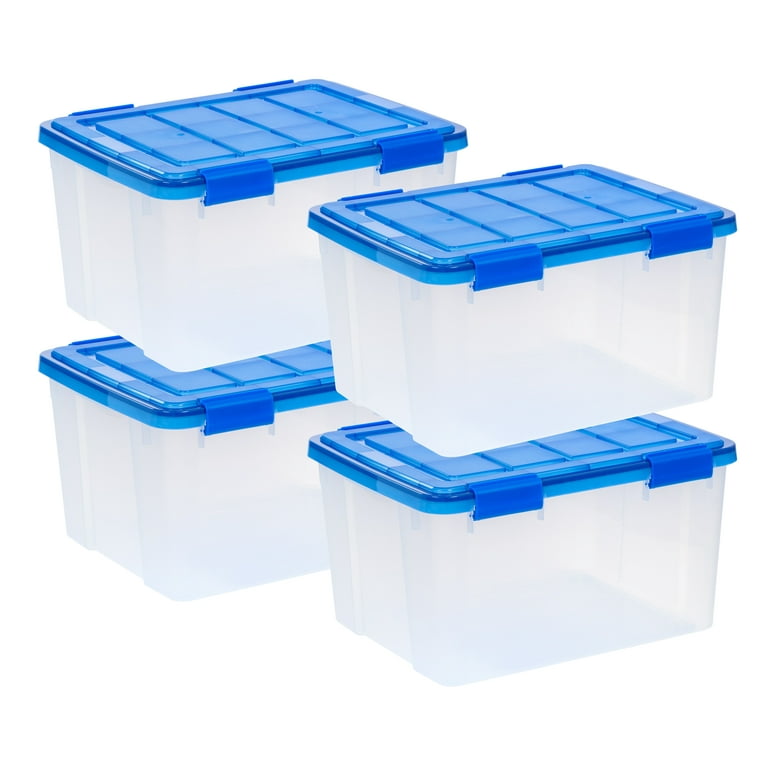 IRIS USA 30 Quart WEATHERPRO Plastic Storage Box with Durable Lid and Seal  and Secure Latching Buckles, Clear With Blue Buckles, Weathertight, 3 Pack