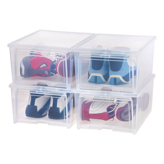 IRIS Stackable Wide Shoe Storage Box with Flip Up Door, Clear, 4Pk