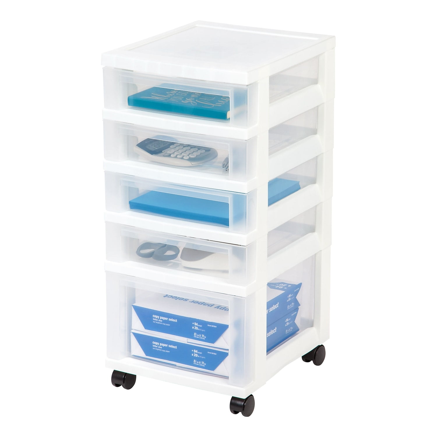 IRIS USA 5 Drawer Clear Plastic Drawer Cart Rolling Storage, White
