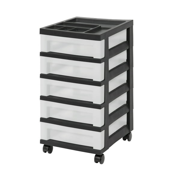 IRIS 5-Drawer Narrow Plastic Storage Drawer Cart with Organizer Top, Black