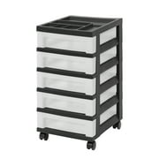 IRIS 5-Drawer Narrow Plastic Storage Drawer Cart with Organizer Top, Black