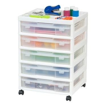 IRIS 5 Drawers Scrapbook Plastic Rolling Storage Cart with Organizer Top with Casters, White