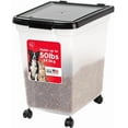 thumbnail image 1 of IRIS USA 50 Lbs / 65 Qt WeatherPro Airtight Pet Food Storage Container with Removable Casters, for Dog Cat Bird Pet Food Storage Bin, Keep Fresh, Translucent Body, Easy Mobility, Clear/Black, 1 of 9