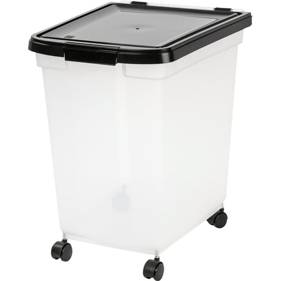 IRIS USA 50 Lbs / 65 Qt WeatherPro Airtight Pet Food Storage Container with Removable Casters, for Dog Cat Bird Pet Food Storage Bin, Keep Fresh, Translucent Body, Easy Mobility, Clear/Black