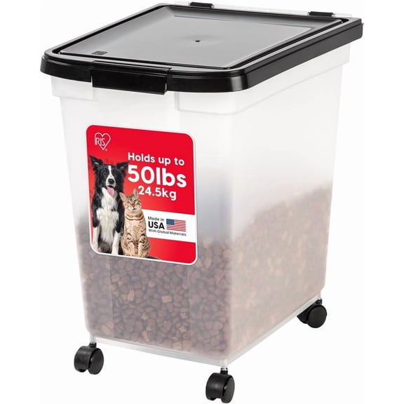 IRIS USA 50 Lbs / 65 Qt WeatherPro Airtight Pet Food Storage Container with Removable Casters, for Dog Cat Bird Pet Food Storage Bin, Keep Fresh, Translucent Body, Easy Mobility, Clear/Black
