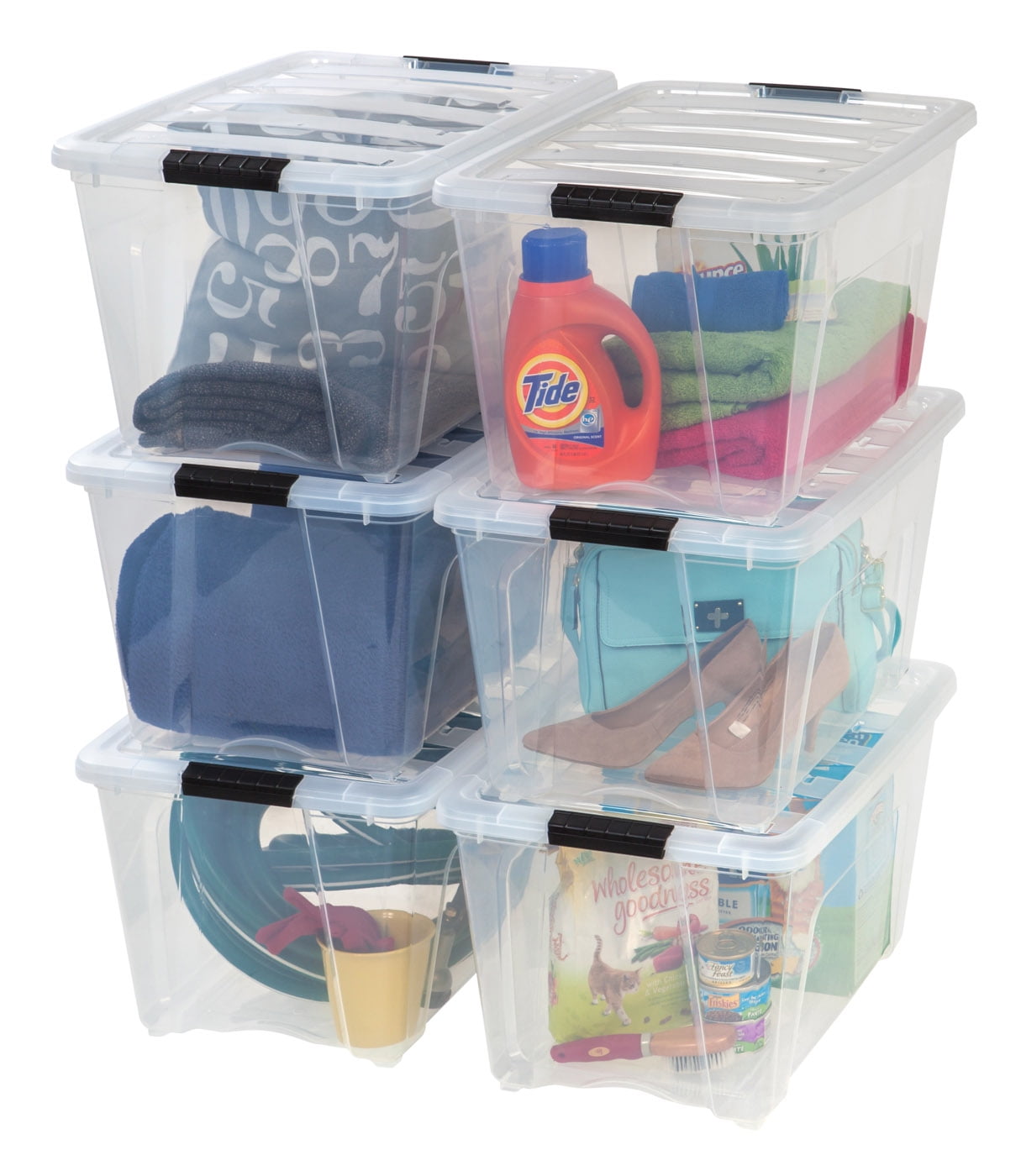 Clear 53 Quart Plastic Storage Bins with Secure Latching Buckles - 6 Pack