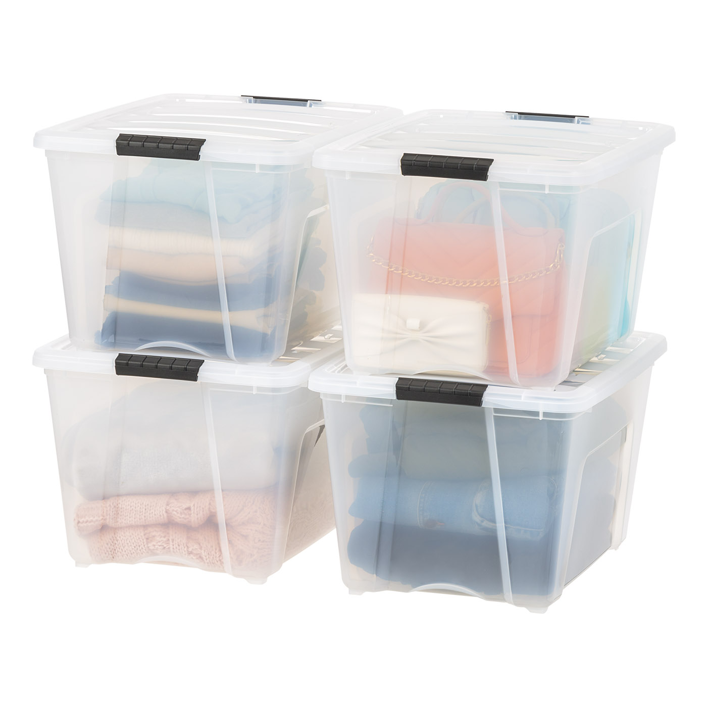 Iris USA 53 Quart Stackable Plastic Storage Bins with Lids and Latching Buckles, 4 Pack Clear, Containers with Lids and Latches