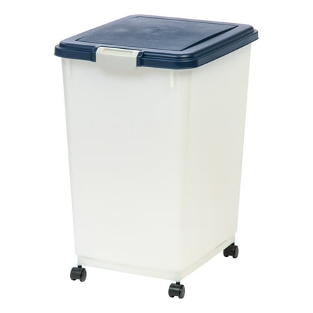 IRIS USA 54 Lbs / 69 Qt WeatherPro Airtight Pet Food Storage Container with Attachable Casters, For Dog Cat Bird and Other Pet Food Storage Bin, Keep Fresh, Easy Mobility, BPA Free, Navy/Pearl