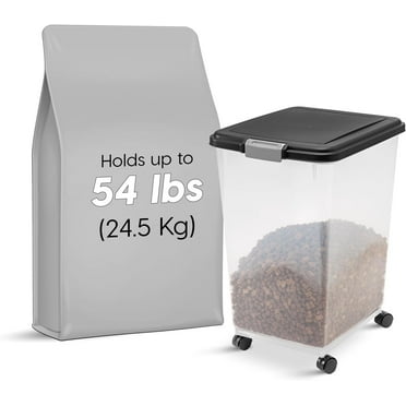 IRIS USA 54 Lbs / 69 Qt WeatherPro Airtight Pet Food Storage Container with Attachable Casters, For Dog Cat Bird and Other Pet Food Storage Bin, Keep Fresh, Translucent Body, Easy Mobility, Black