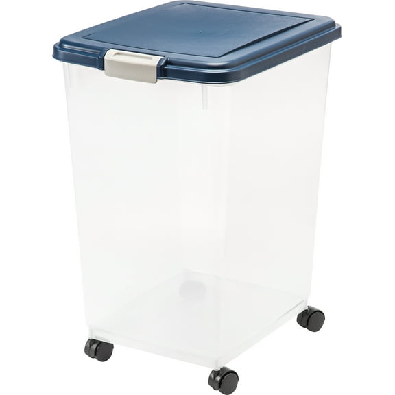 IRIS USA 54 Lbs / 69 Qt WeatherPro Airtight Pet Food Storage Container with Attachable Casters, For Dog Cat Bird and Other Pet Food Storage Bin, Keep Fresh, Translucent Body, Easy Mobility, Navy