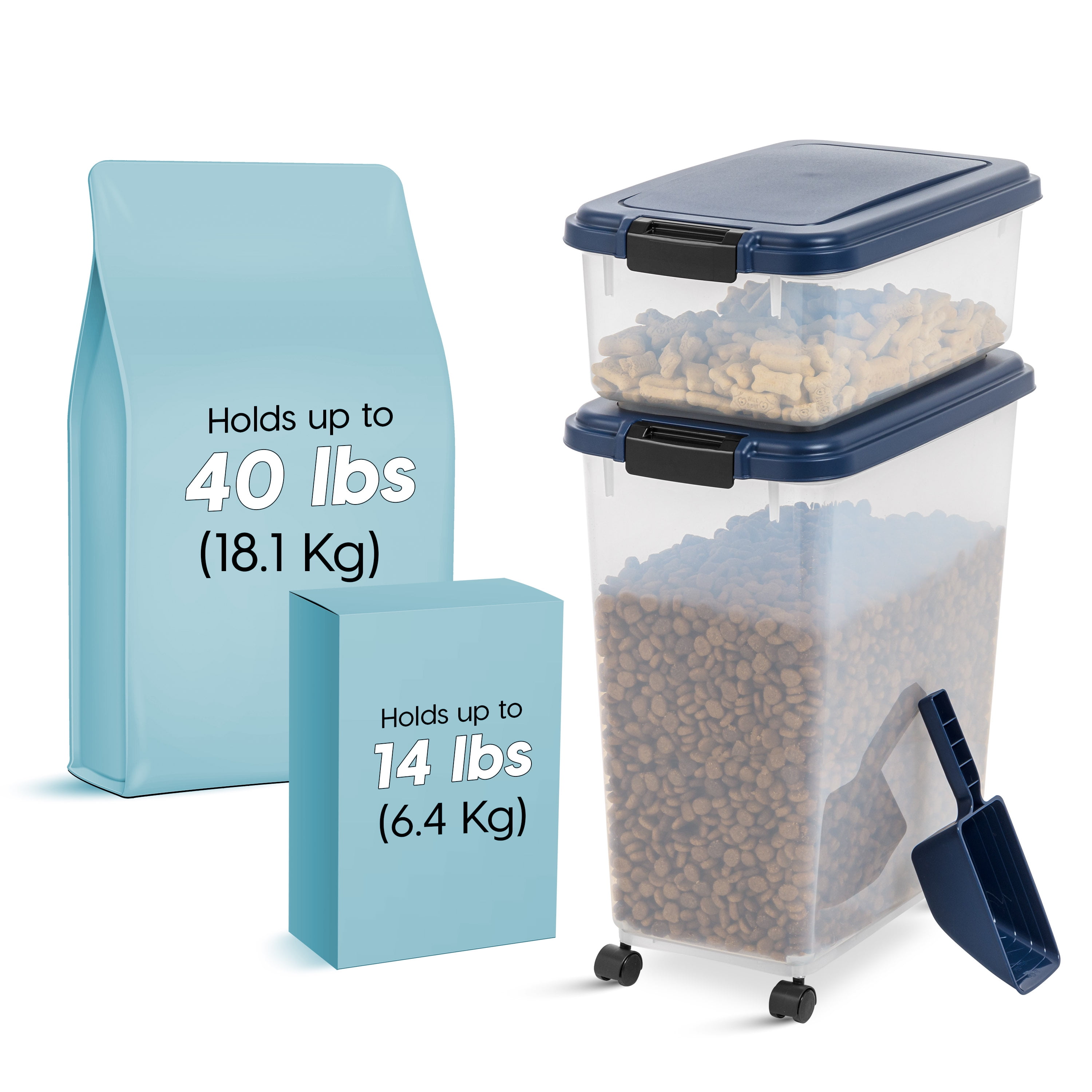 Large Clear and Navy Airtight Plastic Pet Food Storage Combo