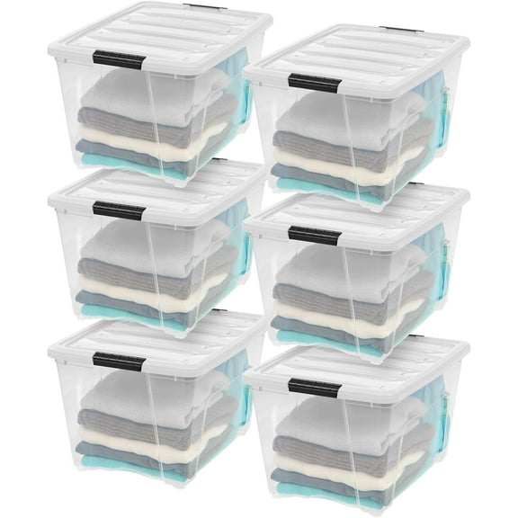 IRIS USA 54 Qt Stackable Plastic Storage Bins with Lids, 6 Pack, Latches, Durable Nestable Containers, Secure Pull Handle - Clear/White