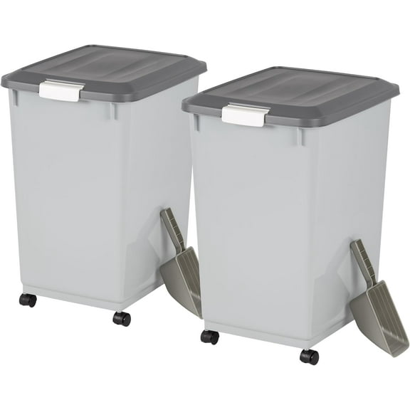 IRIS USA 54Lbs Dog Food Storage Container 2-Pack with Wheels, Airtight Lid, 2-Cup Scoop, Gray/Dark Gray