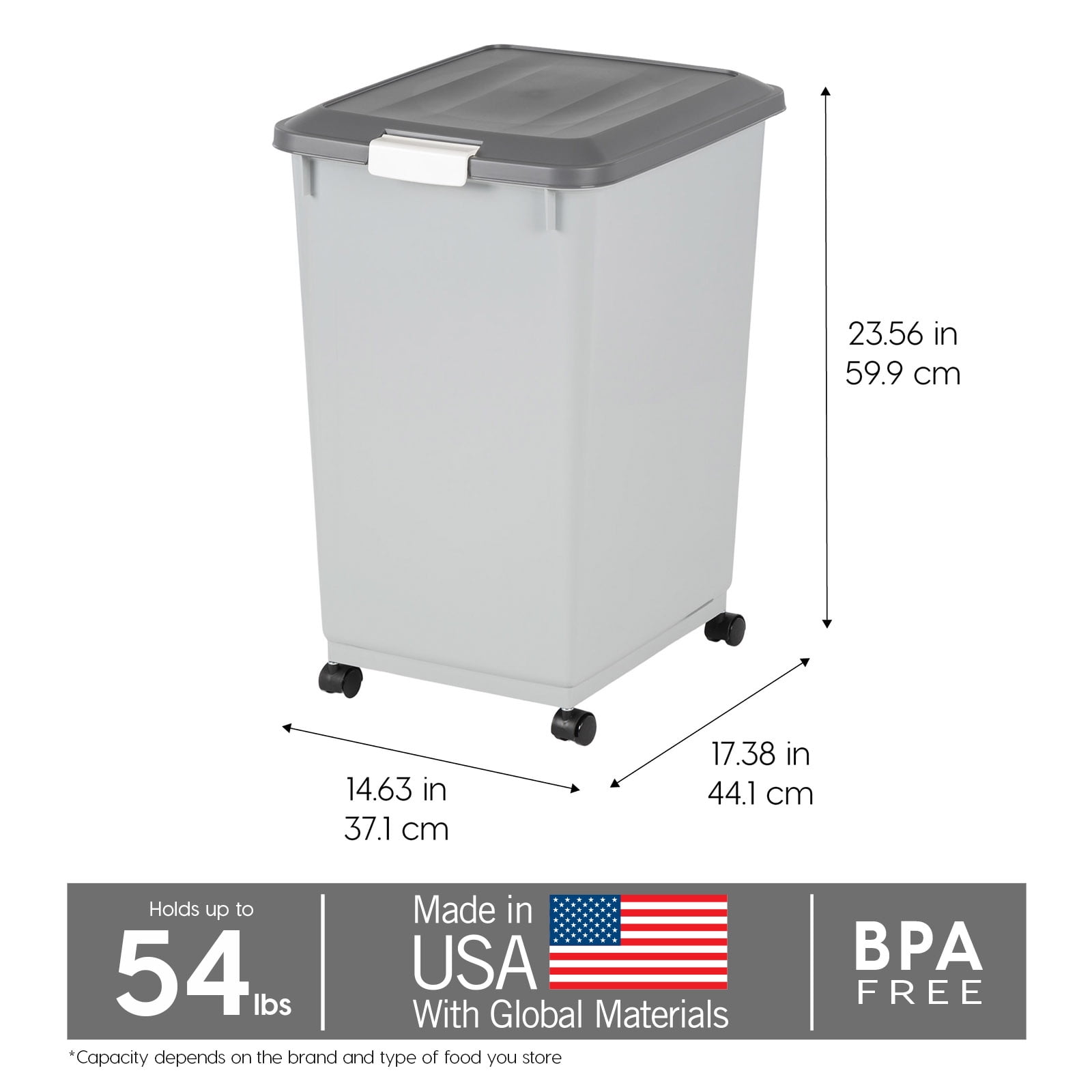 Gray and Dark Gray Airtight Plastic Pet Food Storage Bin with Wheels