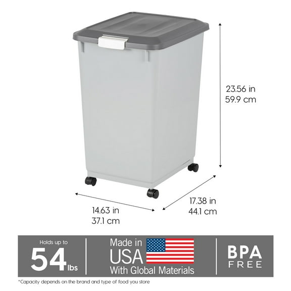 IRIS USA 54lbs Dog Food Storage Container with Wheels, 2-Cup Scoop, Gray/Dark Gray