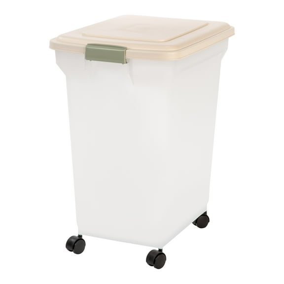 IRIS USA 58 Lbs / 67 Qt WeatherPro Airtight Pet Food Storage Container with Attachable Casters, For Dog Cat Bird and Other Pet Food Storage Bin, Keep Fresh, Translucent Body, Pearl/Almond