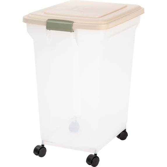 IRIS 58 Lbs / 67 Qt WeatherPro Airtight Pet Food Storage Container with Attachable Casters, For Dog Cat Bird and Other Pet Food Storage Bin, Keep Fresh, Translucent Body, Clear/Almond