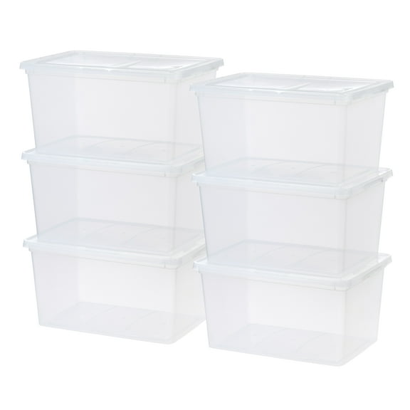 IRIS USA 58 Qt Clear Storage Box, BPA-Free Plastic Stackable Bin with Lid, Containers to Organize Closet Shelves, Clothes, Blankets, Towels, 6 Pack
