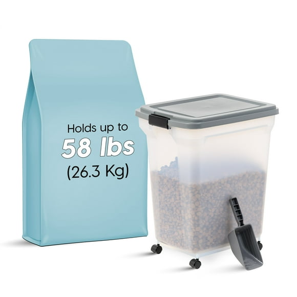 IRIS USA 58lb (67 Qt.) Airtight Pet Food Container with Scoop for Dog and Cat Food, Clear Gray