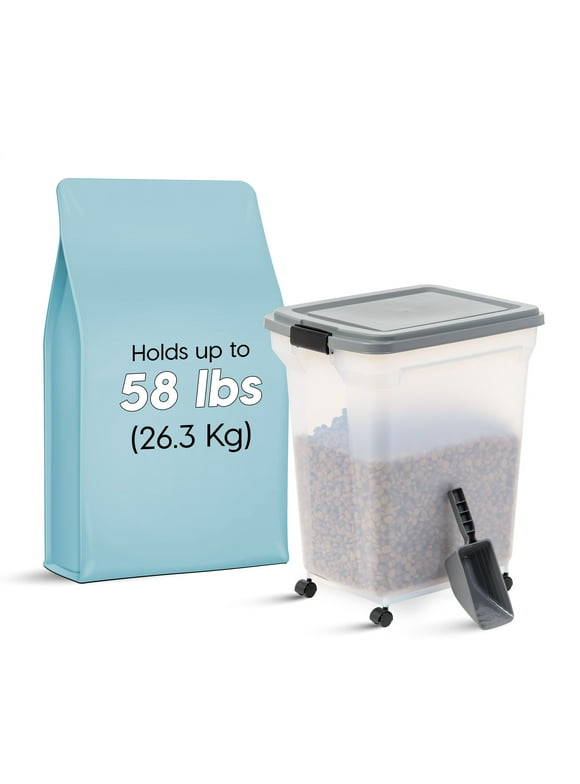 IRIS USA 58lb (67 Qt.) Airtight Pet Food Container with Scoop for Dog and Cat Food, Clear Gray