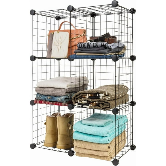 IRIS USA 6-Cube Modular Wire Cube Storage Organizer, Adjustable & Expandable Metal Shelving for Closet, Bathroom & Home Storage, Stackable Wire Grid, 60 lb Capacity, Black