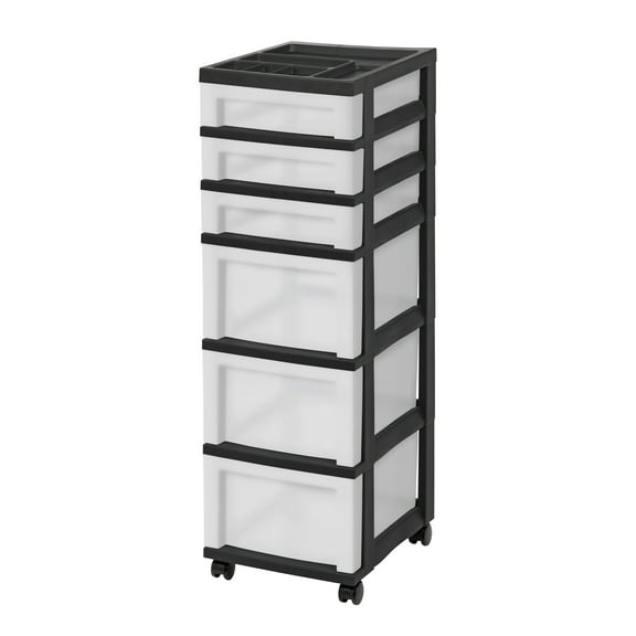 IRIS 6-Drawer Plastic Storage Cart with Organizer Top and Wheels, Clear/Black