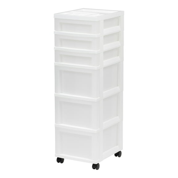 IRIS 6-Drawer Plastic Storage Cart with Organizer Top and Wheels, Clear/White
