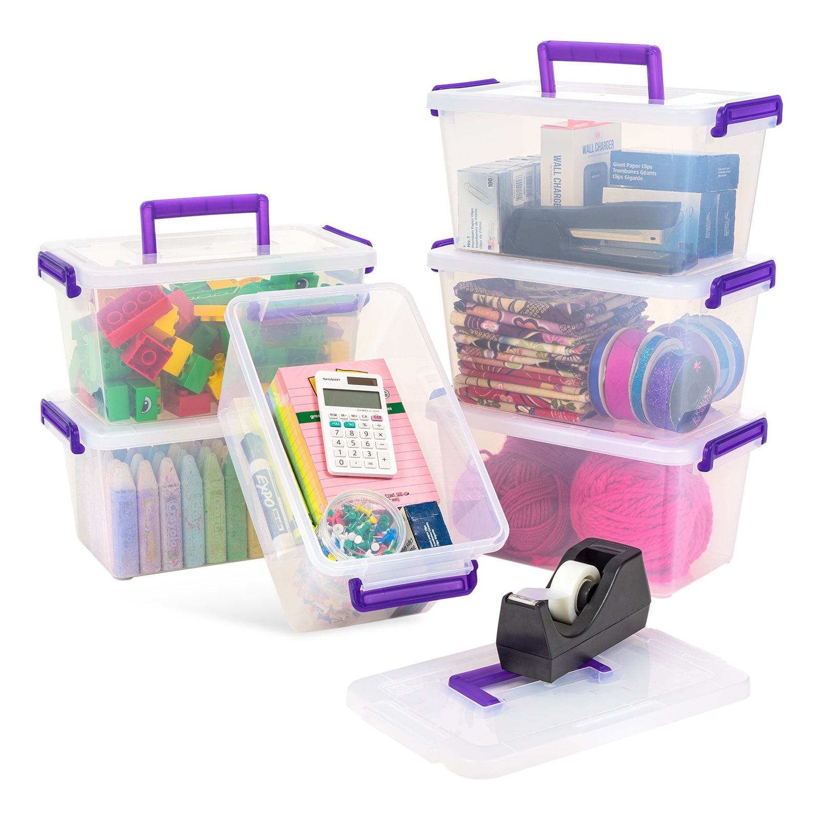 Clear and Purple Stackable BPA-Free Plastic Storage Bins with Handles, 5.4 Quart, 6 Pack
