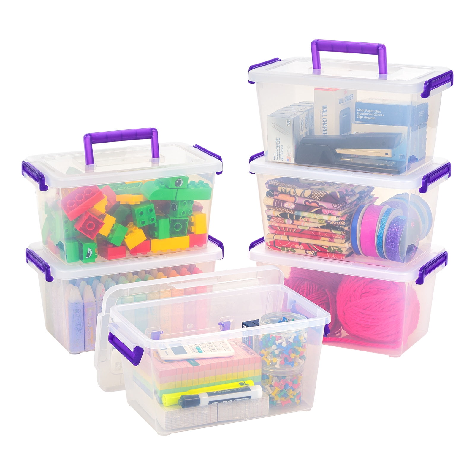 Clear and Purple Stackable BPA-Free Plastic Storage Bins with Handles, 5.4 Quart, 6 Pack
