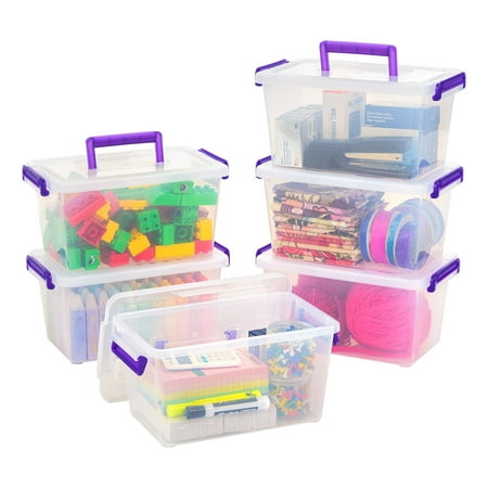 IRIS USA 6 Pack 5.4 Qt. Storage Bin with Buckled-Up Lids and Handle, Stackable and Portable, for Organizing Stationery, Art and Craft Supplies, Toys, Health, Beauty, Household Supplies, Clear/Violet