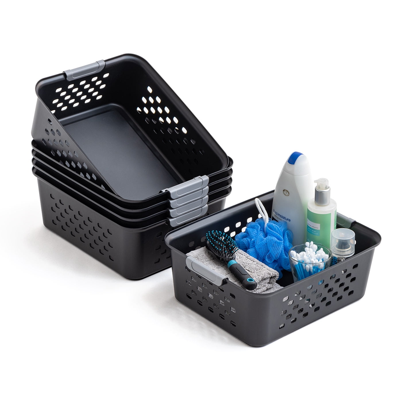 Yesland 6 Pack Plastic Storage Basket Black Basket / Organizer / Bin with Handles for Home Office Closet