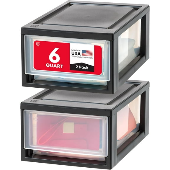 IRIS USA 6 Qt Plastic Drawer Storage Organizer Stackable with Sliding Drawer, Black, 2-Pack