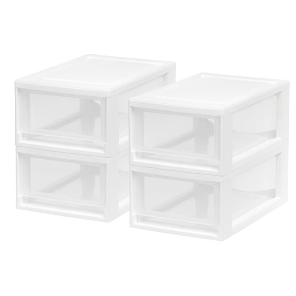 IRIS USA 6 Qt. Small Plastic Stacking Drawer, 4 Pack, Stackable Storage Organizer Unit with Sliding Drawer for Bedroom Kitchen Under Sink Pantry Craft Room Dorm Office, White