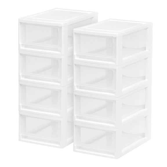 IRIS USA 6 Qt. Small Plastic Stacking Drawer, Stackable Storage Organizer Unit with Sliding Drawer for Bedroom Kitchen Under Sink Pantry Craft Room Dorm Office, White, 8-Pack