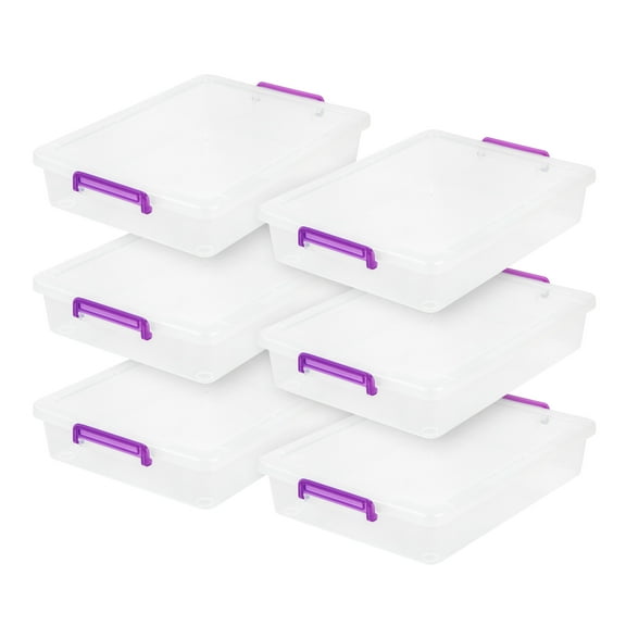 IRIS USA 6 Quart Large Clear Plastic Storage Bins with Lids and Secure Latches, 6 Pack, Organizing Container for Home, Work, Classroom, Paper and Craft, Stackable, Clear/Violet