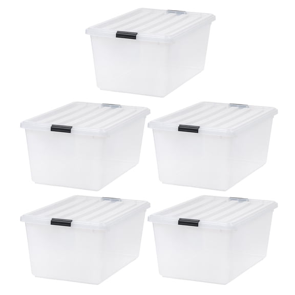 IRIS 68 Qt / 17 Gal Stackable Plastic Storage Bins with Lids and Latch Buckles - Pearl, 5Pk