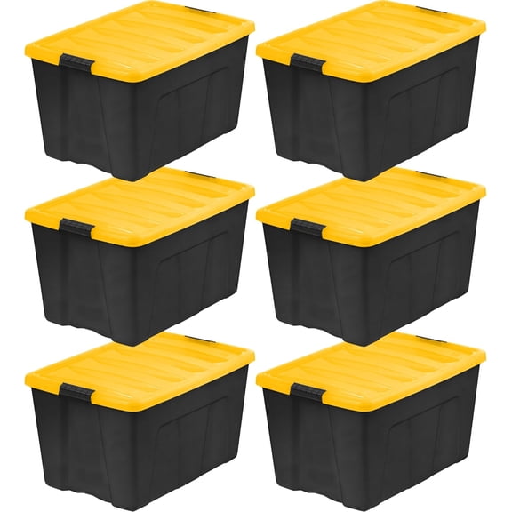 IRIS USA 72 Qt Plastic Storage Bins Stackable with Latching Lids, BPA-Free, Durable Nestable Containers, Black/Yellow, 6-Pack