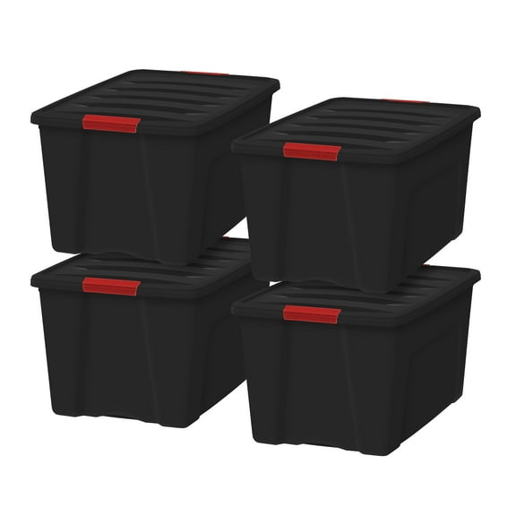 IRIS USA 72 Qt Stackable Plastic Storage Bins with Lids, 4 Pack - BPA-Free,  - Garage Organizing Solution, Latches, Durable Nestable Containers, Secure Pull Handle - Black