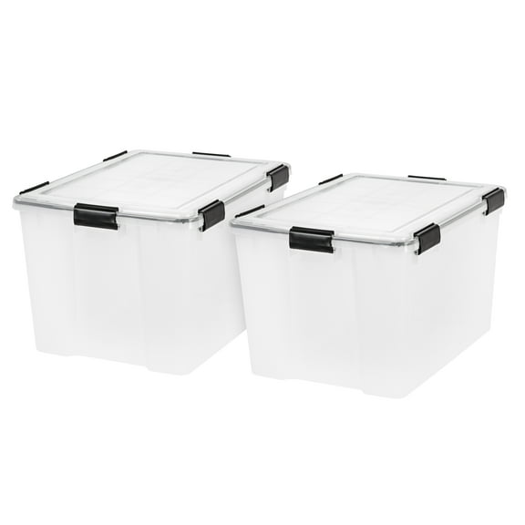 IRIS USA 74 Qt Storage Box with Gasket Seal Lid, 2 Pack - BPA-Free, Made in USA - Heavy Duty Moving Containers with Tight Latch, Weather Proof Tote Bin, WEATHERPRO - Clear/Black
