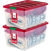 IRIS 94 Qt Stackable Holiday Plastic Storage Bins with Lids and Latching Buckles, Clear/Red, 2Pk