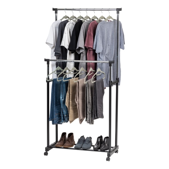 IRIS Adjustable Double Rod Clothes Rack, Garment Rack, Clothing Rack with Wheels
