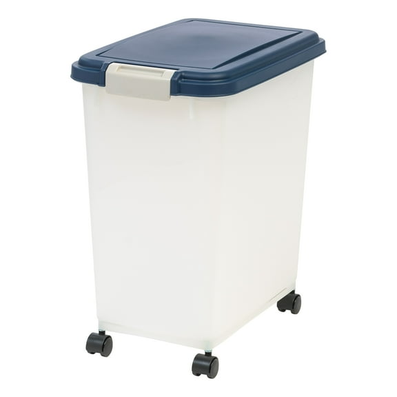 IRIS USA Airtight Dog Food Storage Container, Up to 30 lbs / 33 Qt, Attachable Casters, for Dog Cat Bird and other Pet Food Storage Bin, Keep Fresh, Easy Mobility, BPA Free, Navy/Pearl