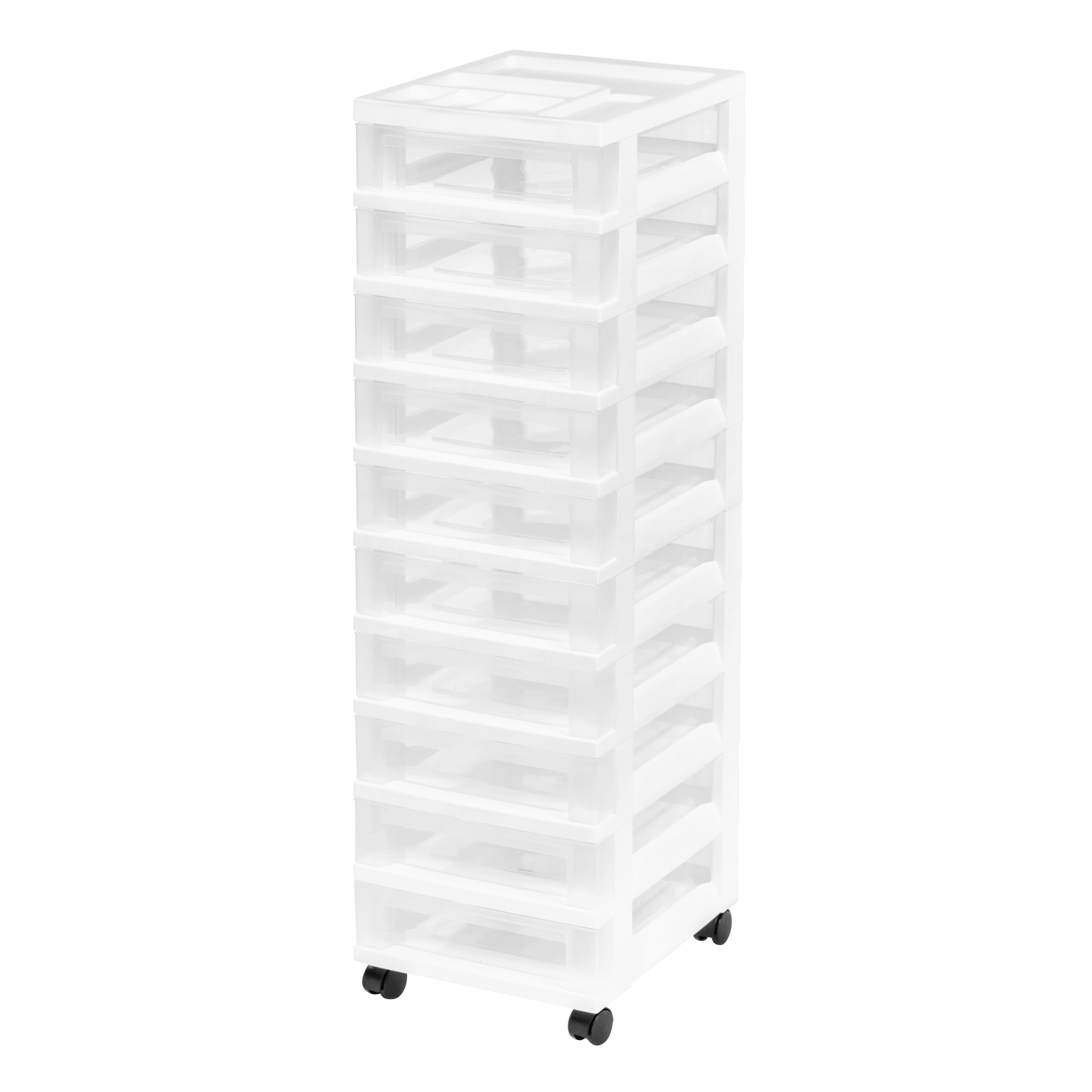 IRIS USA Craft Plastic Organizers and Storage, Rolling Storage Cart for Classroom Supplies, Storage Organizer for Art Supplies, Drawer Top Organizer for Small Parts, 10 Drawers, White/Clear