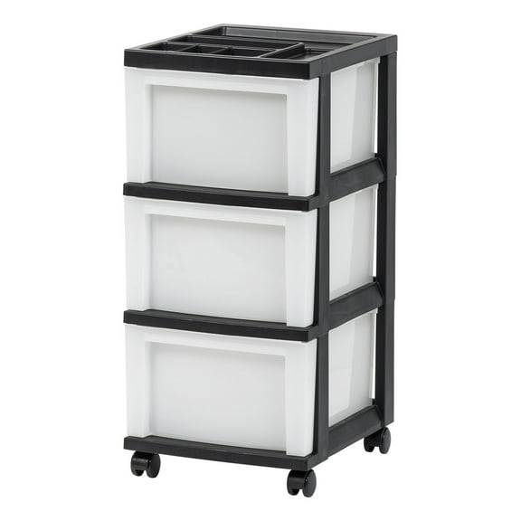 IRIS USA Craft Plastic Organizers and Storage, Rolling Storage Cart for Classroom Supplies, Storage Organizer for Art Supplies, Drawer Top Organizer for Small Parts, 3 Drawers, Black/Pearl
