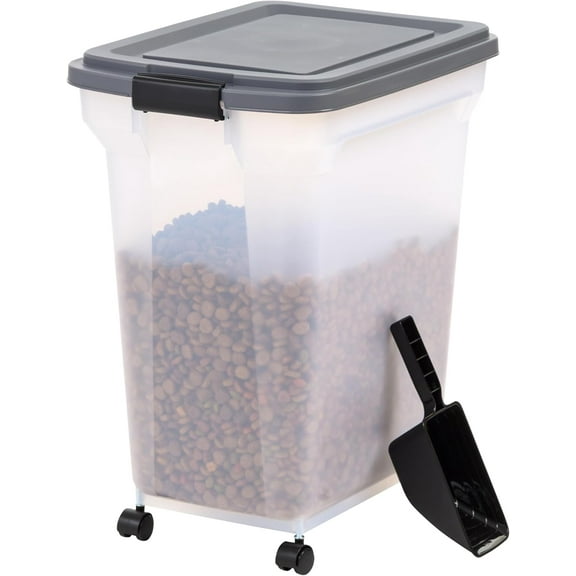 IRIS USA Dog Food Storage Container 40 lbs, Attachable Wheels, & Included Scoop, for Dog Cat Birds and other Pets, Dark Gray