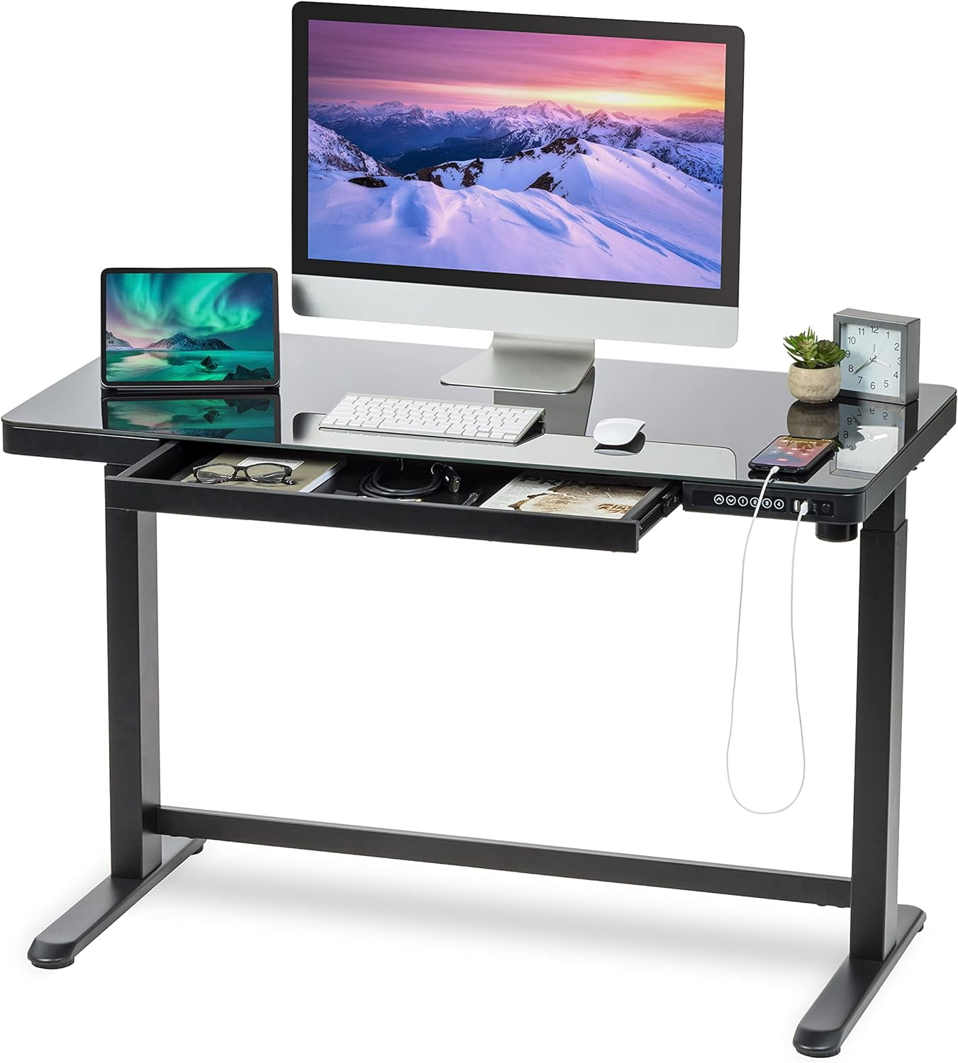 Black Adjustable Glass Top Standing Desk with USB Port